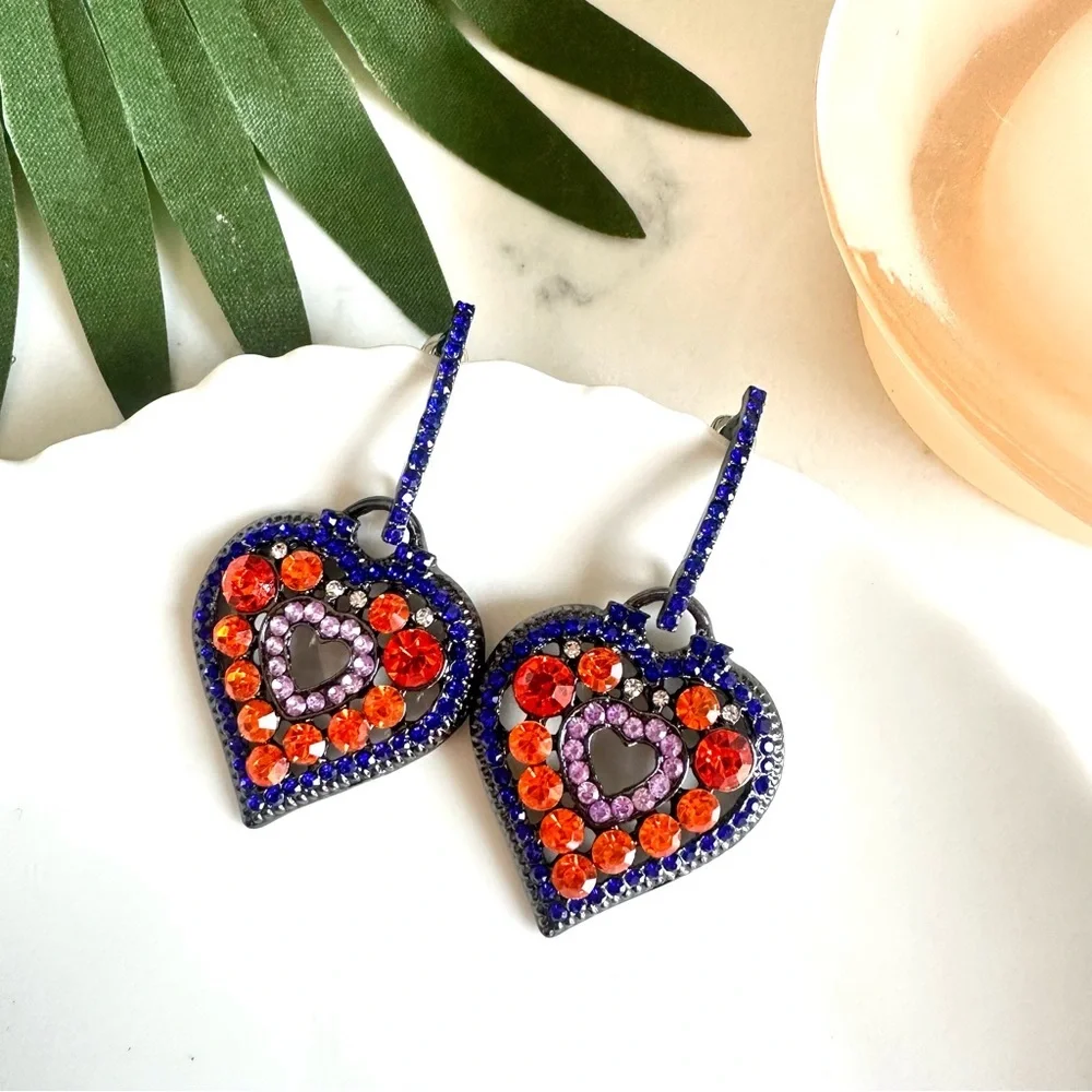 2/$30🌵 Rhinestone Heart Earrings Blue Orange Pink Sparkle Jewelry Gift Boho NEW